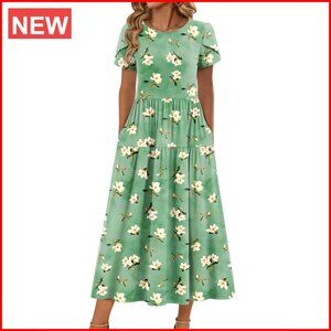 Maxi Dress Summer Bohemian Floral Short Sleeve A-Line Casual Beach Sundress